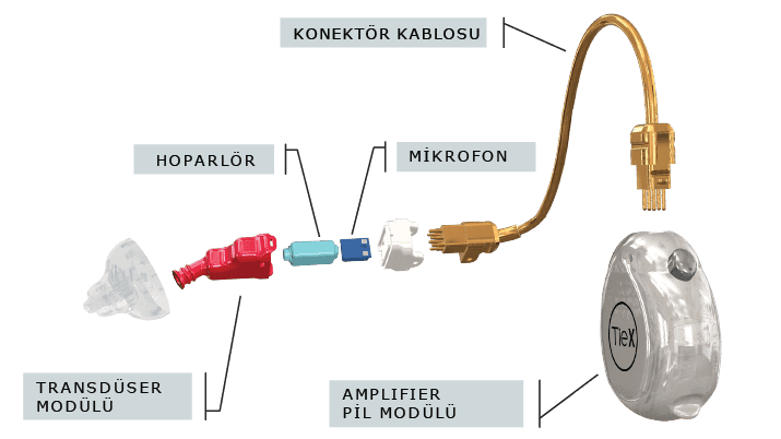 Modüler WL sisteminin mikrofon, hoparlör, konektör ve elektronik modülleri