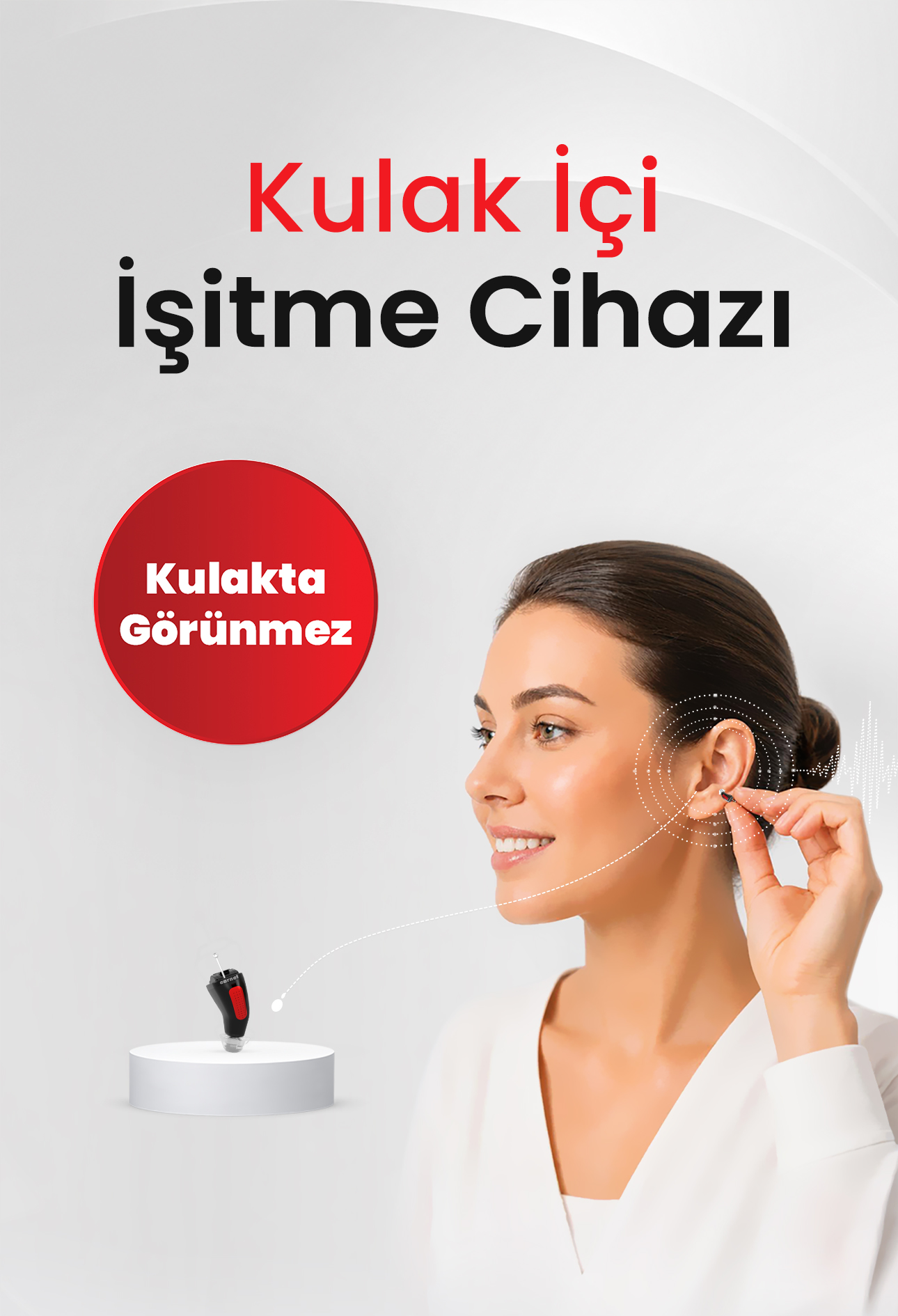 Kulak içi işitme cihazını kullanan kadın
